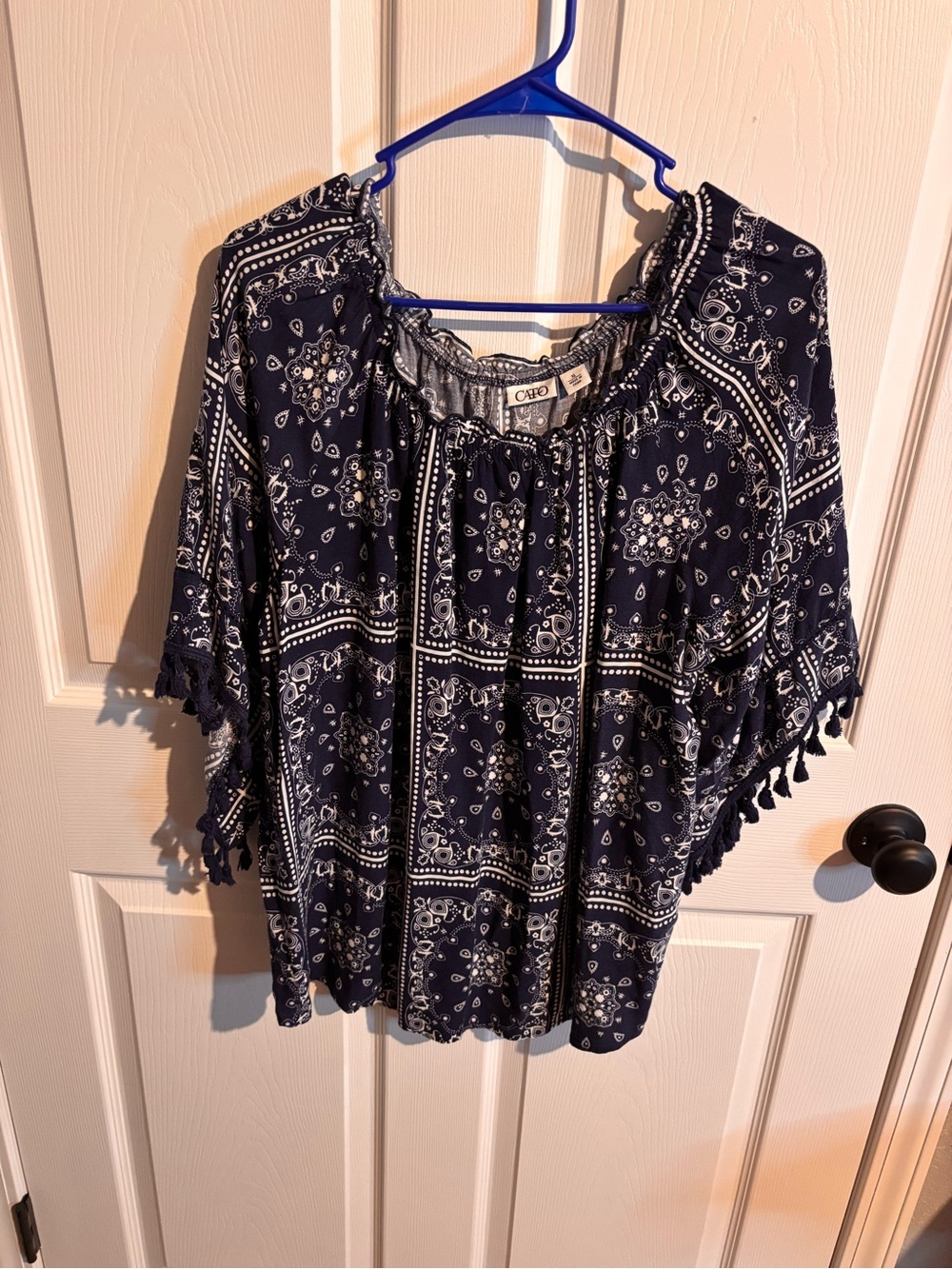 Cato Navy Bandana-Print Peasant Blouse with Tassel Fringe